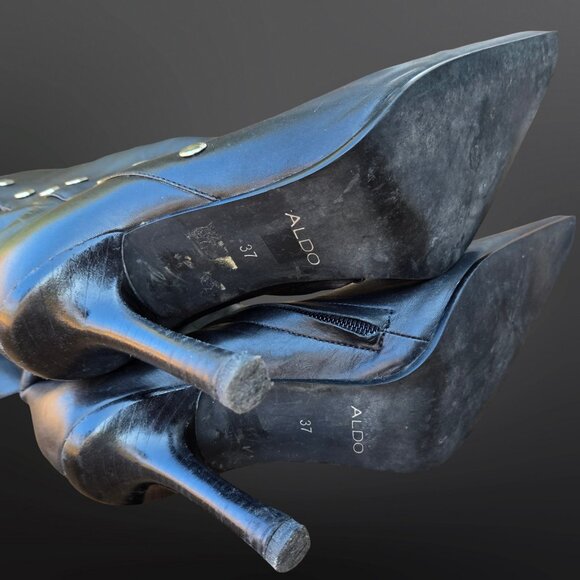 Y2K Aldo Black Leather Boots Pointed Toe Heels Size 37 US 6.5 Snap Buttons - Picture 10 of 10